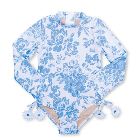 Blue Bouquet Girls One Piece Long Sleeve Swimsuit 6m 10 Shade Critters