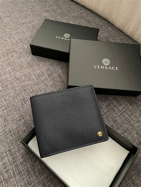 Versace Grained Calf Leather Bifold Wallet In Dark Navy Pfo Premium