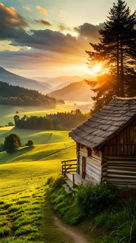 The Sun Is Setting Over A Small Cabin On Top Of A Hill With Grass And Trees