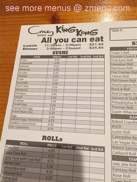 Menu at Crazy King Kong Sushi restaurant, Thousand Oaks