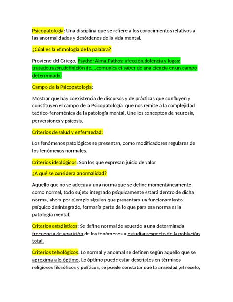 1 parcial psicopato Resumen de Psicopatología Psicopatología Una