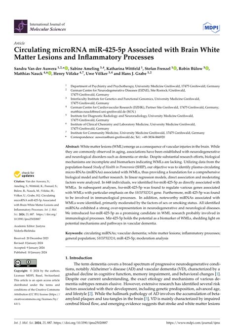 Pdf Circulating Microrna Mir 425 5p Associated With Brain White