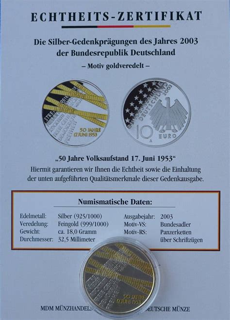 Deutschland 10 Euro 2003 A 50 Jahre Volksaufstand 17 Juni 1953 Motiv