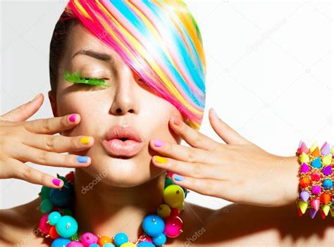 Beauty Girl Portrait With Colorful Makeup Hair And Accessories — Stock