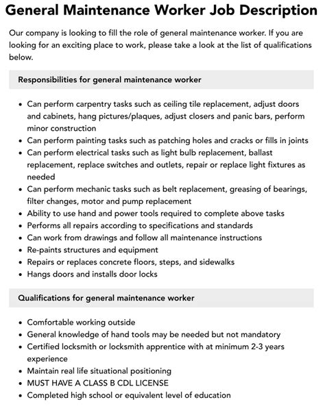 General Maintenance Worker Job Description Velvet Jobs