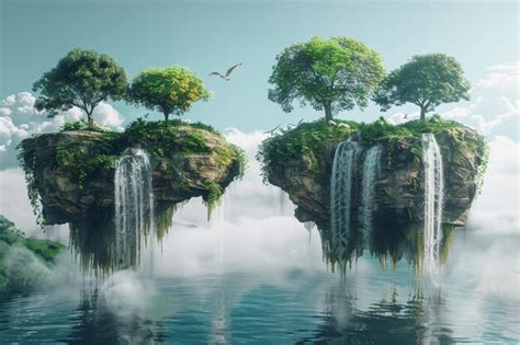 Premium Photo Surreal Floating Islands With Cascading Waterfalls