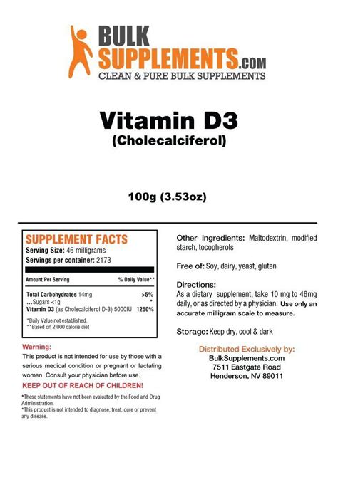 BULKSUPPLEMENTS Vitamin D3 5000IU Powder 125mcg Vitamin D