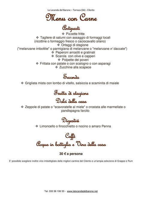 Speisekarte von La Locanda Del Barone, Torraca