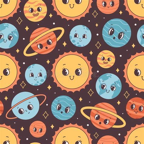 Seamless Pattern With Planets Stars And Space Trendy Groovy Cartoon