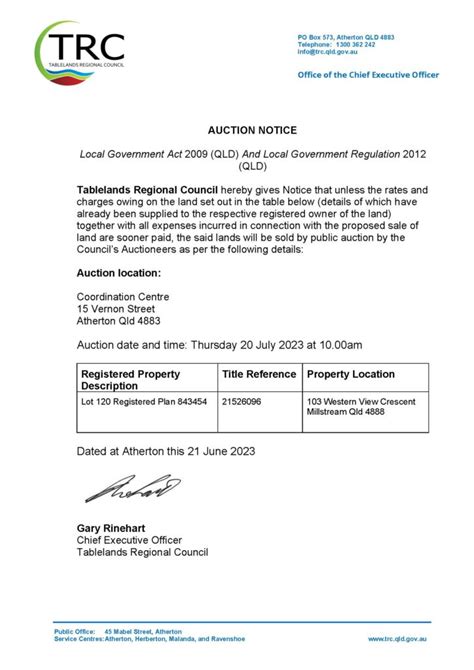 Sale Of Land For Overdue Rates Charges TRC Tablelands Regional