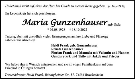 Trauer Maria Gunzenhauser Teckbote Trauerportal