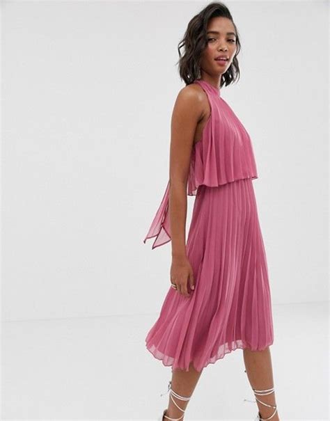 Asos Design Halter Tie Neck Midi Dress In Pleat Asos Dress Asos