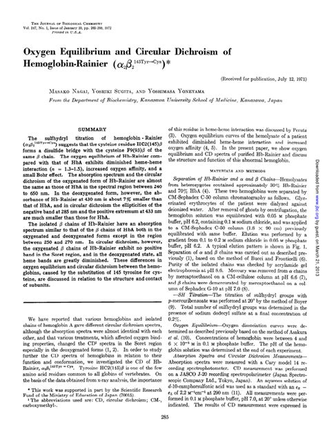 Pdf Oxygen Equilibrium And Circular Dichroism Of Hemoglobin Rainier α2β2145yr→ys