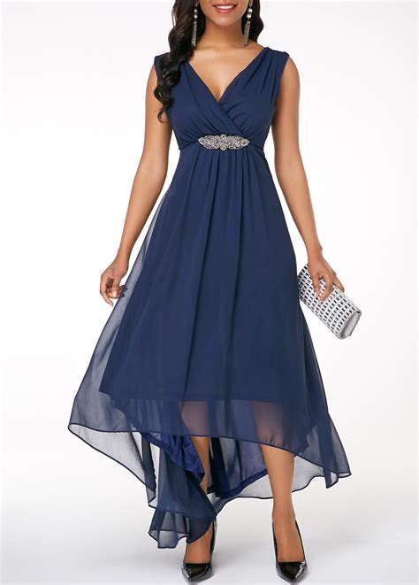 Sleeveless V Back High Low Navy Blue Dress Usd 3677