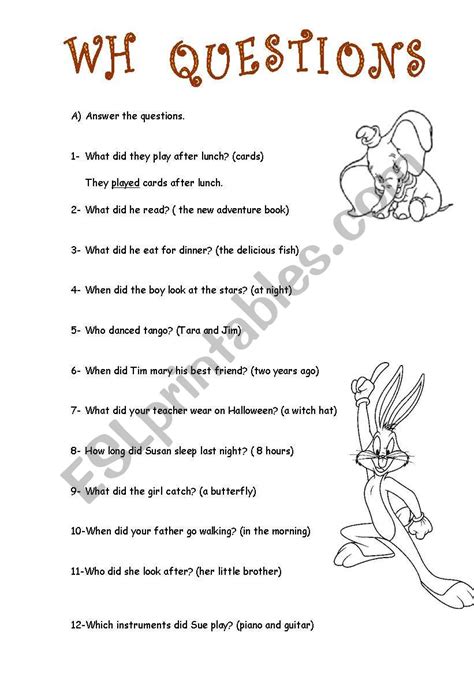 English Worksheets Wh Questions With Simple Past Tense