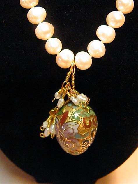 Natural Cultured Baroque Freshwater Pearl Necklace With Cloisonne Pendant And Gold Copper Wire