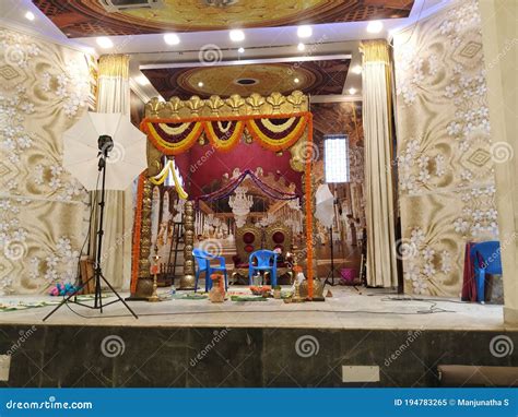 Closeup of Marriage Hall or Kalyana Mantapa Stage Decoration by Flowers ...