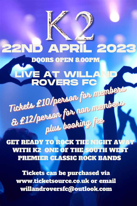 K2 at Willand Rovers Football Club event tickets from TicketSource