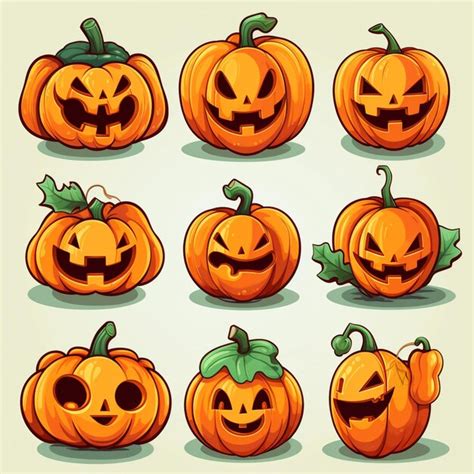 Un Conjunto De Calabazas De Dibujos Animados Con Diferentes Caras Y