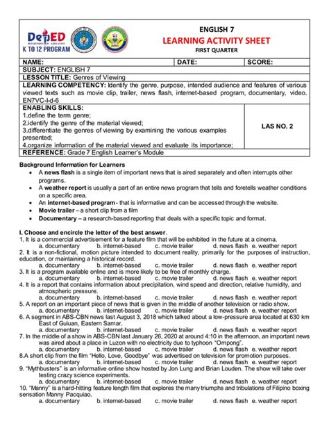 English 7 Learning Activity Sheet Quarter 1 Week 2 Pdf