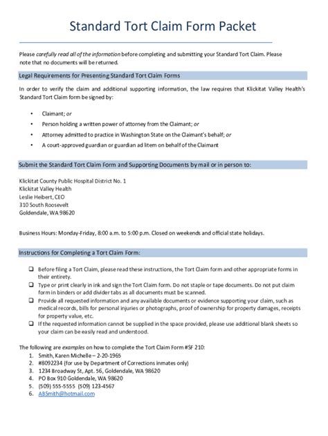 Fillable Online Standard Tort Claim Form Packet Kvhealth Net Fax