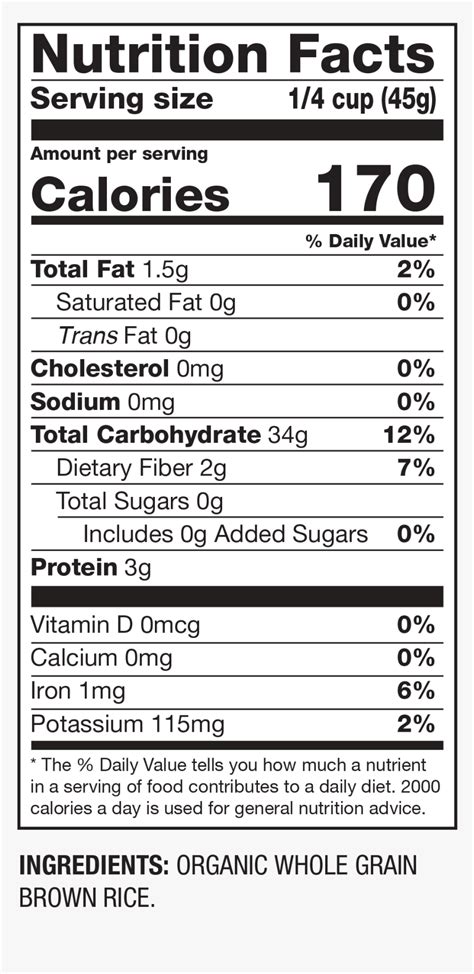 Nutrition Facts Organic Brown Rice - White Rice Nutrition Facts, HD Png Download - kindpng