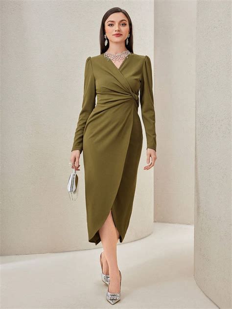 Shein Modely Solid Ruched Wrap Hem Dress Shein Usa