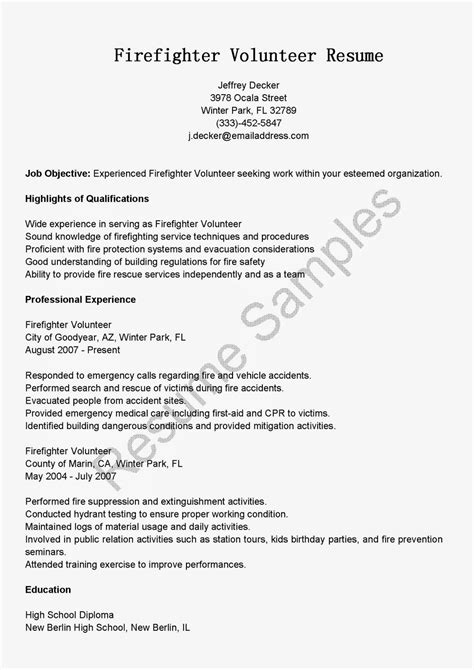 Resume Samples Firefighter Volunteer Resume Sample