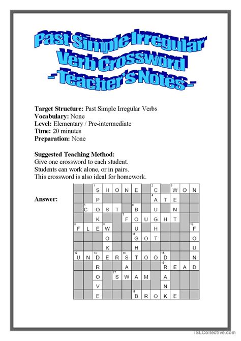 Crossword Puzzle Irregular Verbs English ESL Worksheets Pdf Doc