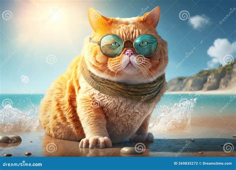 Meow On The Beach Cool Cat At The Coast Generative AI Stock