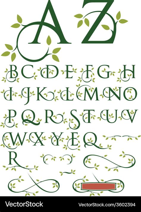 Ornate Swash Alphabet With Leaves Royalty Free Vector Image