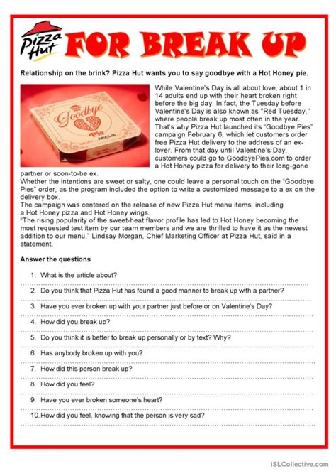 Pizza Hut for break up general readi…: English ESL worksheets pdf & doc