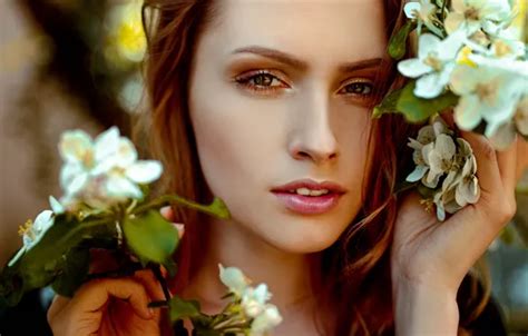 Wallpaper Look Flowers Close Up Face Model Portrait Makeup