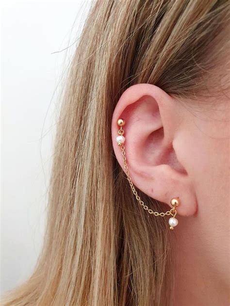 Surgical Steel Helix Chain Earring To Lobe Gold Silver Pearl