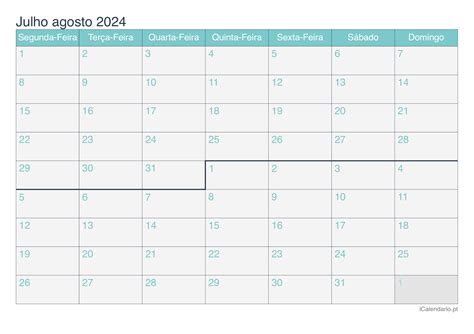 Calendário De Julho E Agosto De 2024 Para Imprimir