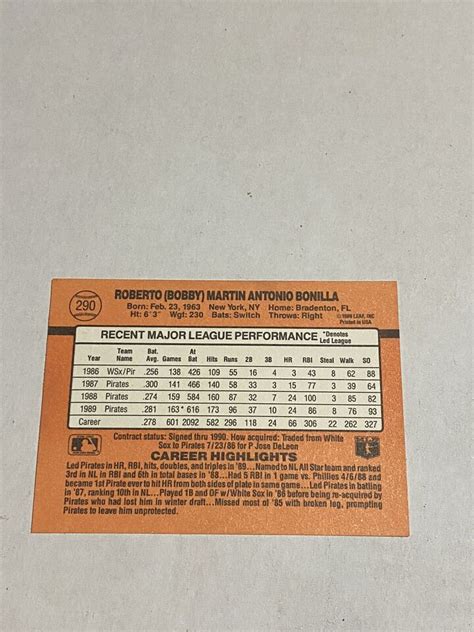 1990 Donruss Bobby Bonilla Error 290 Very Rare Error Card No Dot