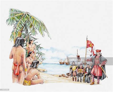 Illustration Of Carib And Arawak People Greeting Christopher Columbus