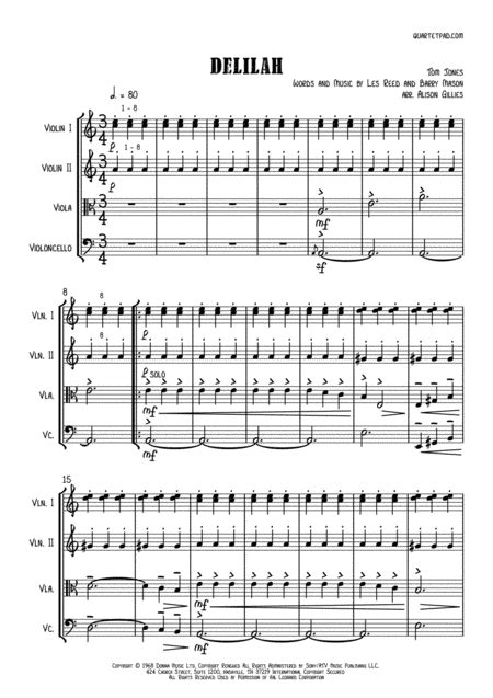 Delilah Arr Alison Gillies By Tom Jones Sheet Music For String Quartet At Sheet Music Direct