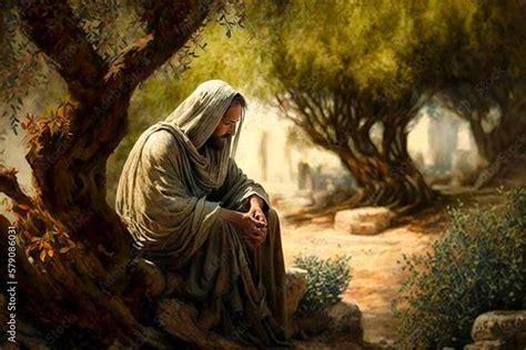 Jesus Christ praying in the garden of olive. AI generativ. Stock Illustration | Adobe Stock