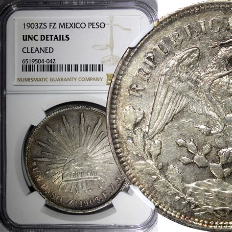 Peso MEXICO Silver 1903 ZS FZ Zacatecas 39mm NGC UNC DETAILS KM 409 3