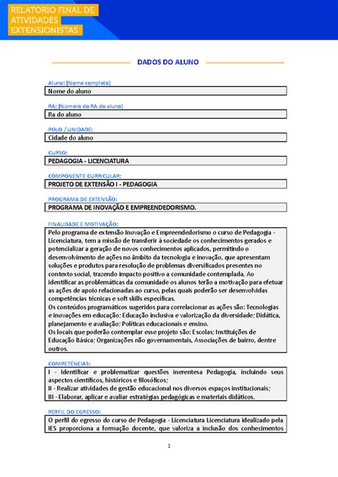 Projeto De Extensao 1 Pedagogia Modelo DADOS DO ALUNO Aluno Nome