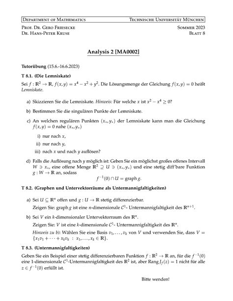 Blatt 08 Analysis 2 Department of Mathematics Technische Universität