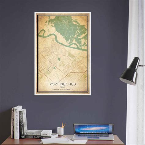 Vintage Port Neches Texas Map Poster, Modern Home Decor Wall Art Print