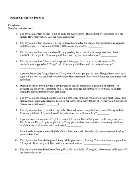 Extra Dosage Calculation Practice R Dosage Calculation