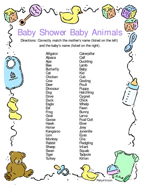 Baby Animal Names Printable