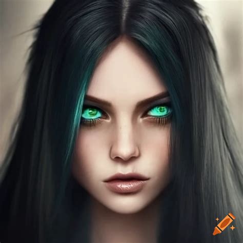 Gorgeous Woman With Long Jet Black Hair Emerald Green Eyes And