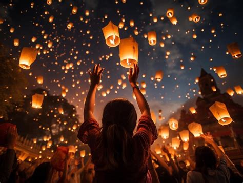 Traditional Fire Lanterns Being Released Into The Night Sky During The