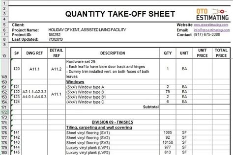 Sample Material Takeoff Spreadsheets Qto Estimating