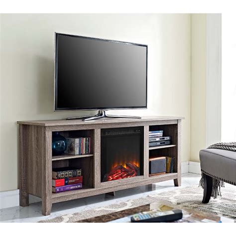 Walker Edison Driftwood 60 inch TV Stand with Fireplace Insert Ash Grey ...