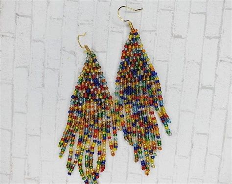 Seed Bead Fringe Earrings Long Red And Multicolored Metallic Earrings